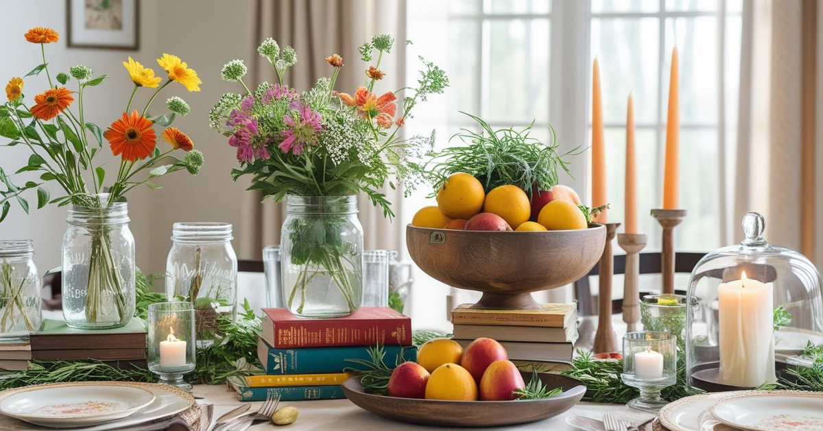 Colorful dining room table with multiple styled centerpieces including flowers, fruit, candles, and greenery – Dining Room Table Centerpiece Ideas.