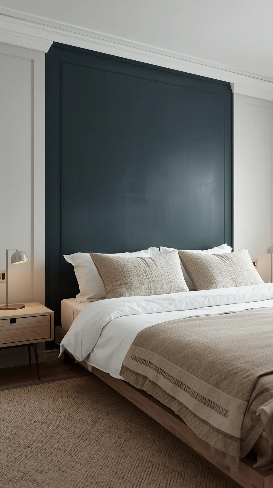 Bedroom with deep-colored accent wall behind bed showing wall decor ideas for bedroom.