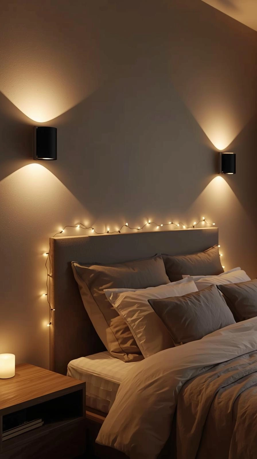 Bedroom with wall sconces and string lights showing stylish lighting wall decor ideas for bedroom.