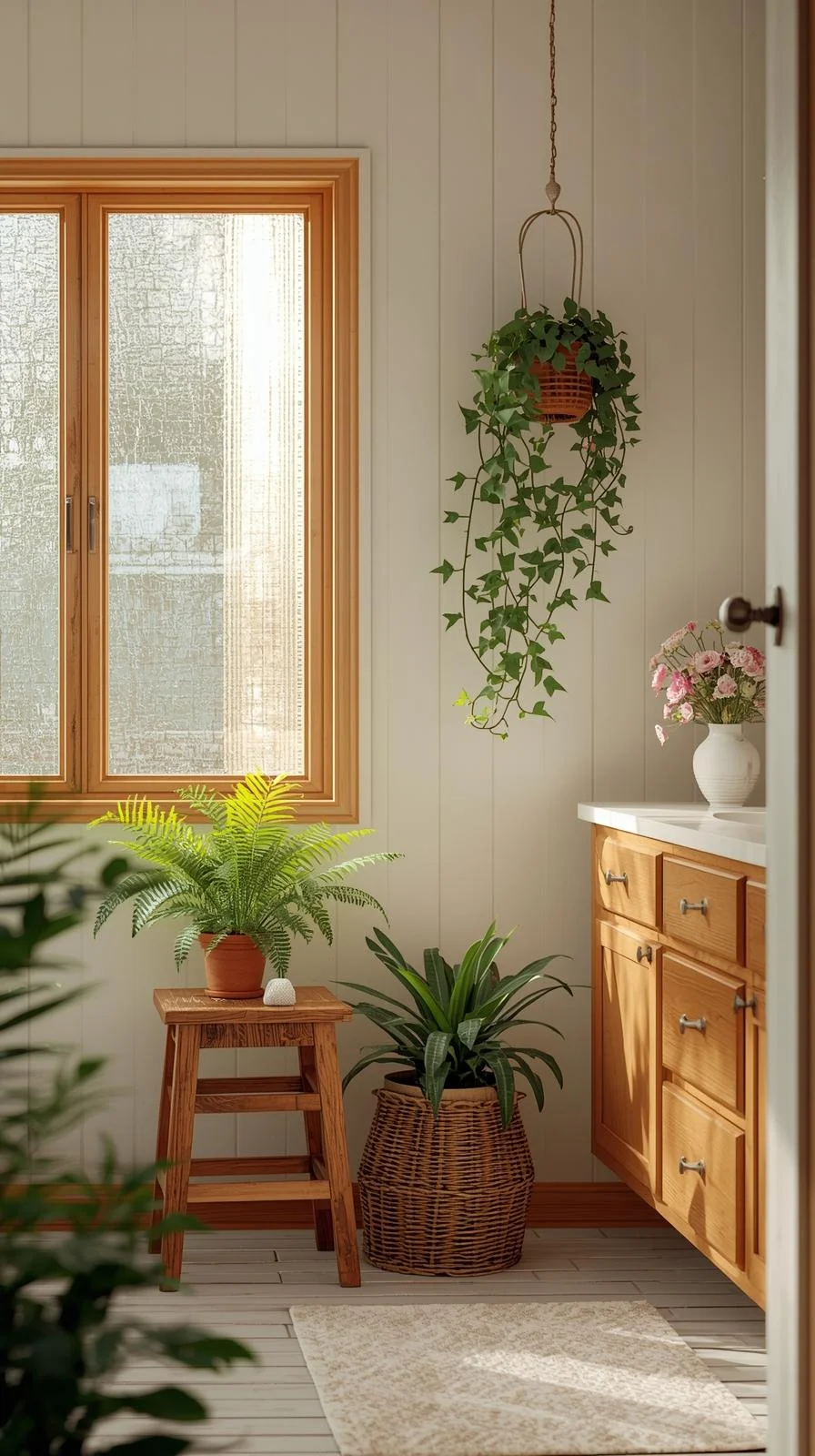 Cottage decorating ideas for bathrooms with greenery, including ferns, ivy, and fresh flowers for a natural cottage look.