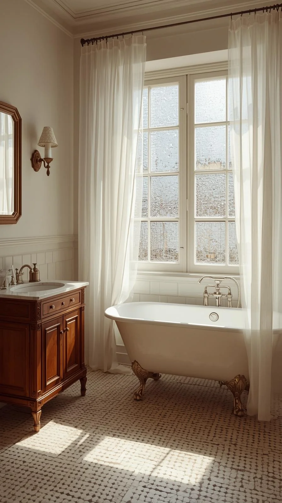 Cottage decorating ideas for bathrooms with natural light from frosted windows and mirrors that brighten the space.