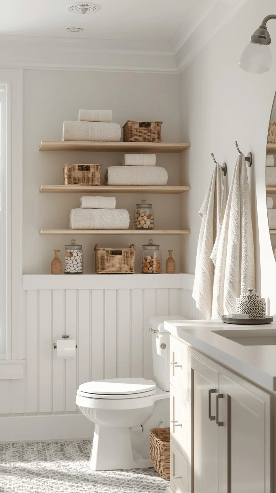 Cottage decorating ideas for bathrooms with open storage using shelves, wicker baskets, and jars for a welcoming look.