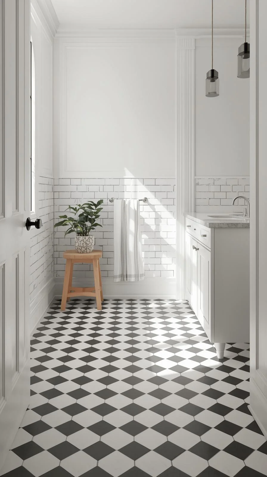 Cottage decorating ideas for bathrooms using patterned tiles like checkerboard floors with plain walls for balanced design.