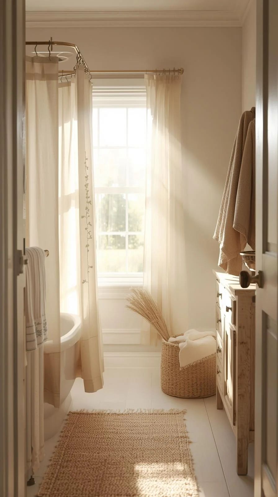 Cottage decorating ideas for bathrooms with cozy textiles like a handwoven rug, linen towels, and a simple fabric shower curtain.
