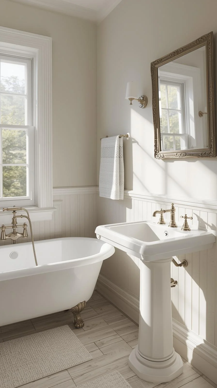 Cottage decorating ideas for bathrooms with vintage fixtures like a clawfoot tub, pedestal sink, and antique faucets.