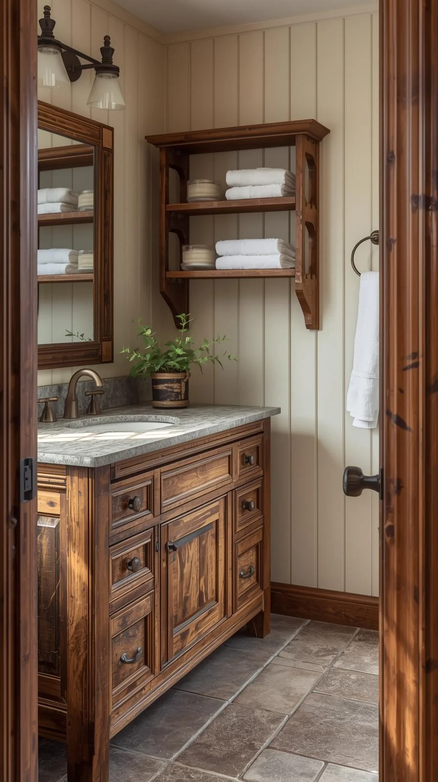 Cottage decorating ideas for bathrooms with wood elements like a rustic vanity, paneling, and open wooden shelves.