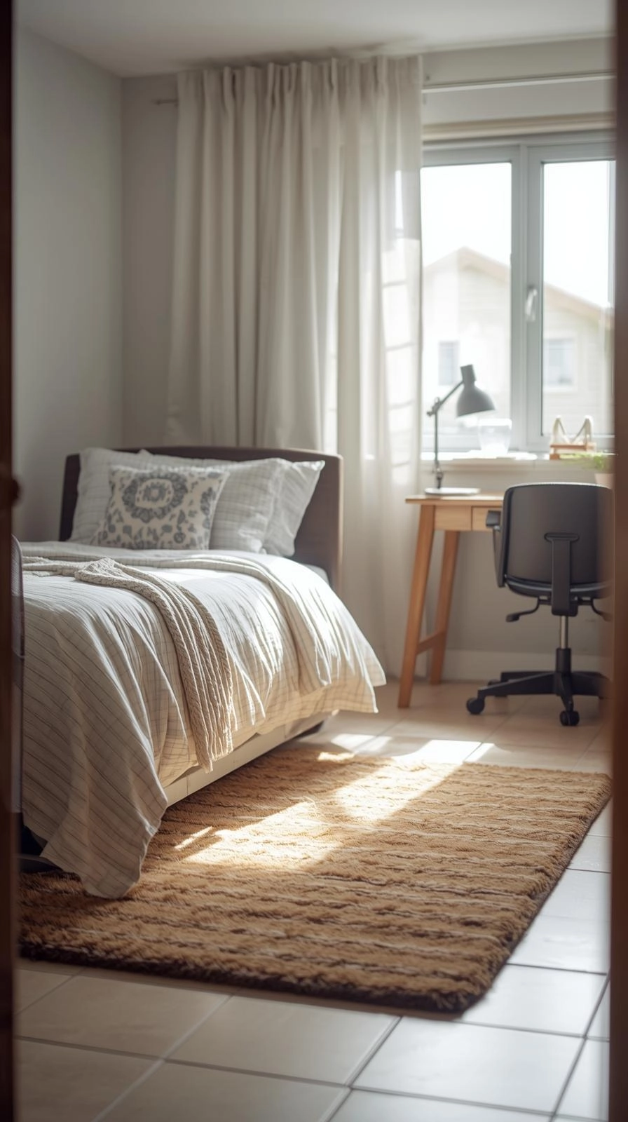 Dorm room ideas for girls college with a soft rug beside the bed adding comfort, warmth, and balance to the dorm space.
