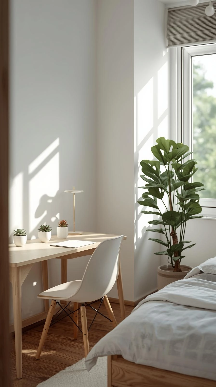 Dorm room ideas for girls college with small succulents on the desk and a leafy plant by the window for a fresh look.