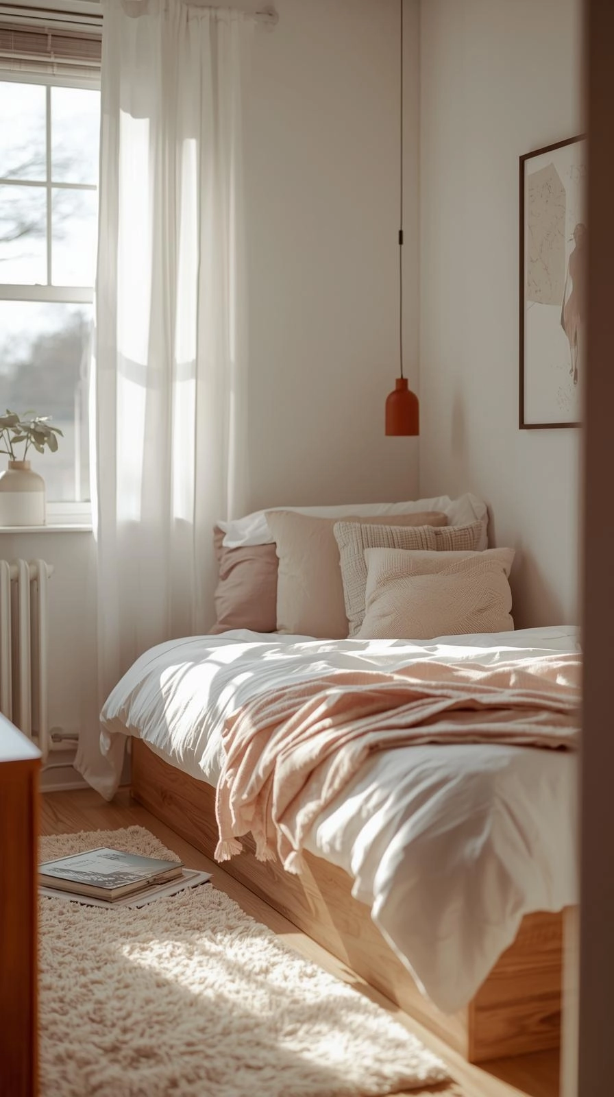 Dorm room ideas for girls college with a neatly styled bed layered with pillows and a throw blanket as the room’s main centerpiece.