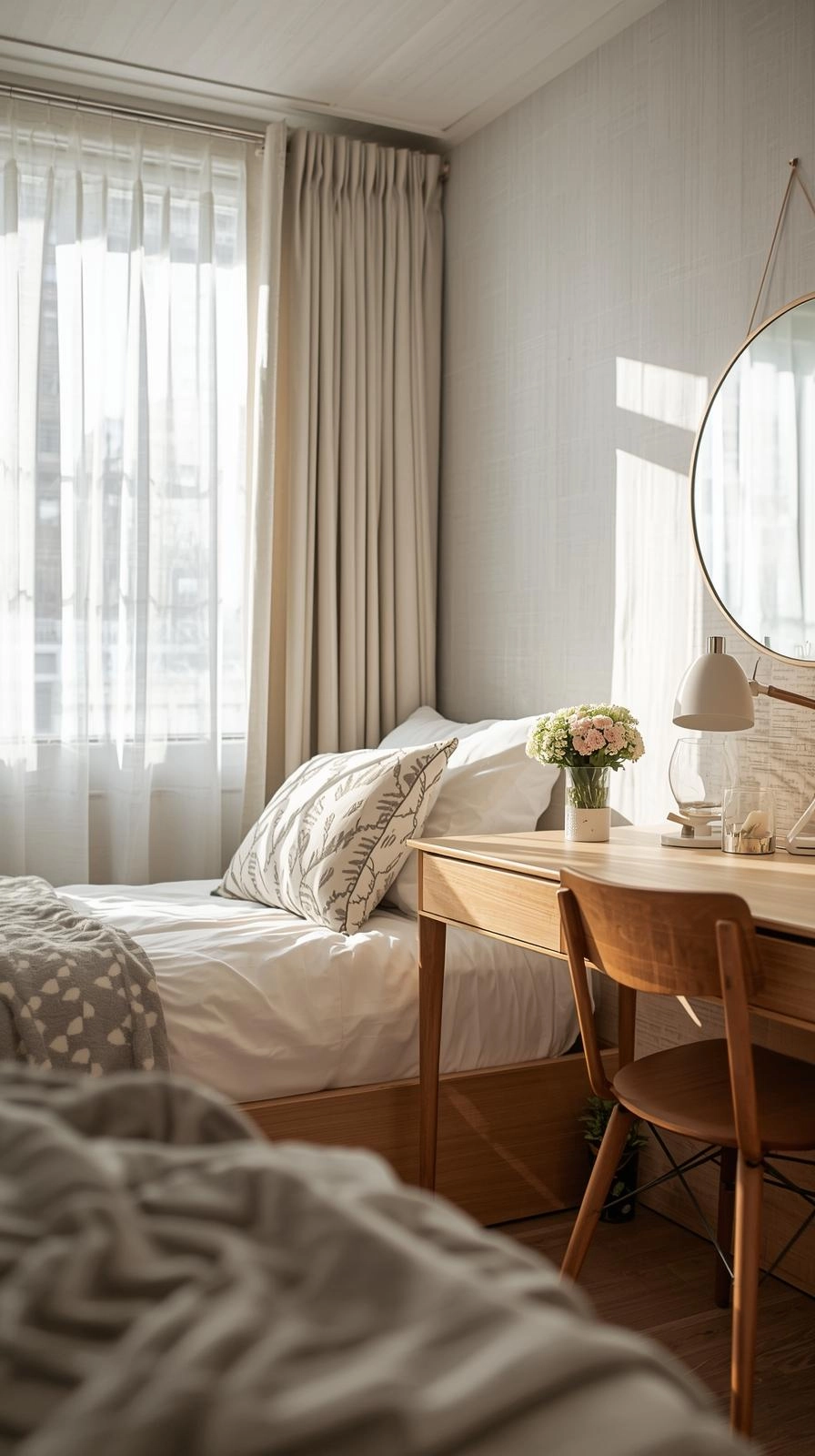 Dorm room ideas for girls college with small stylish details like a patterned blanket, curtains, and a decorative mirror.