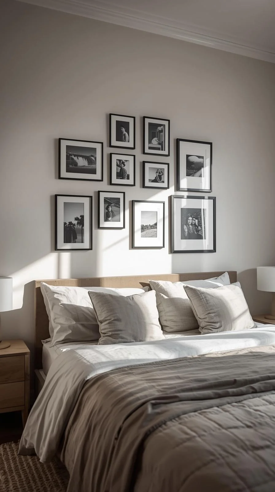 Gallery wall with framed photos and art above a modern bed showing wall decor ideas for bedroom.