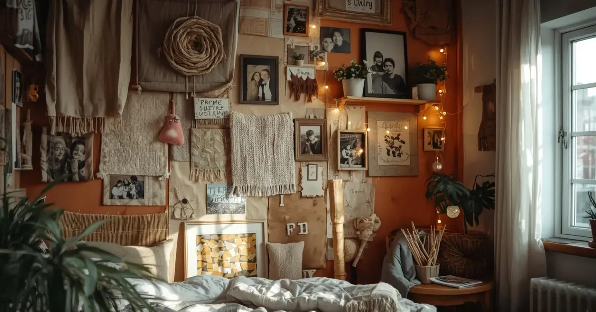 Homemade bedroom wall decor with DIY art, plants, string lights, and personal photos.