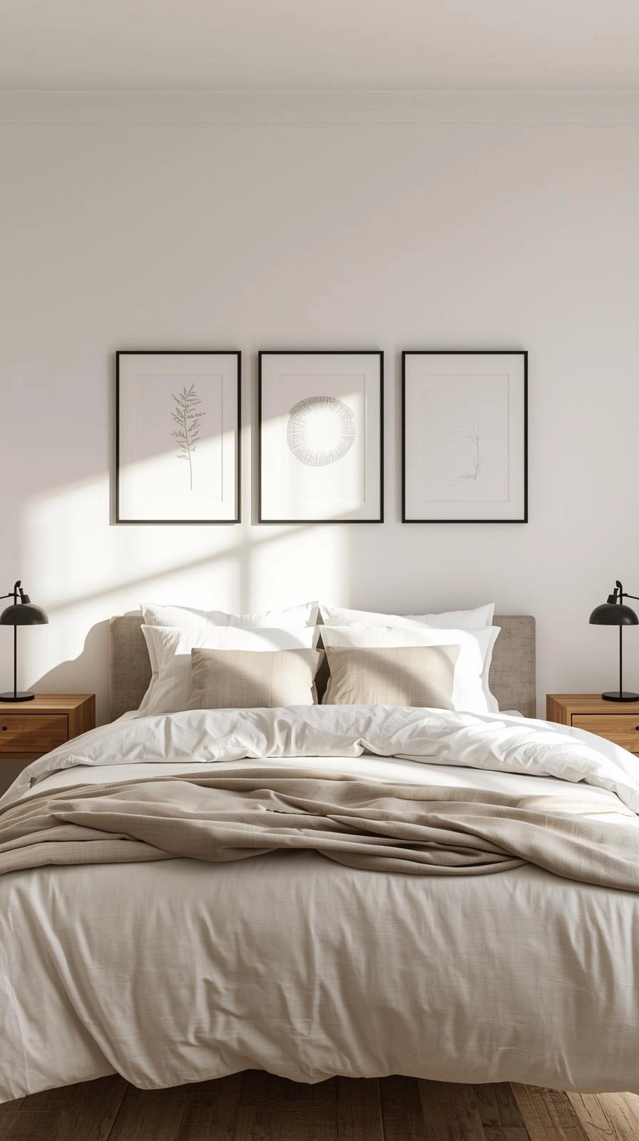 Bedroom with minimal thin black frames above bed showing calm wall decor ideas for bedroom.