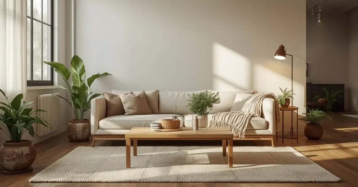 Modern warm apartment aesthetic living room with cozy neutral decor, wooden furniture, and natural light.