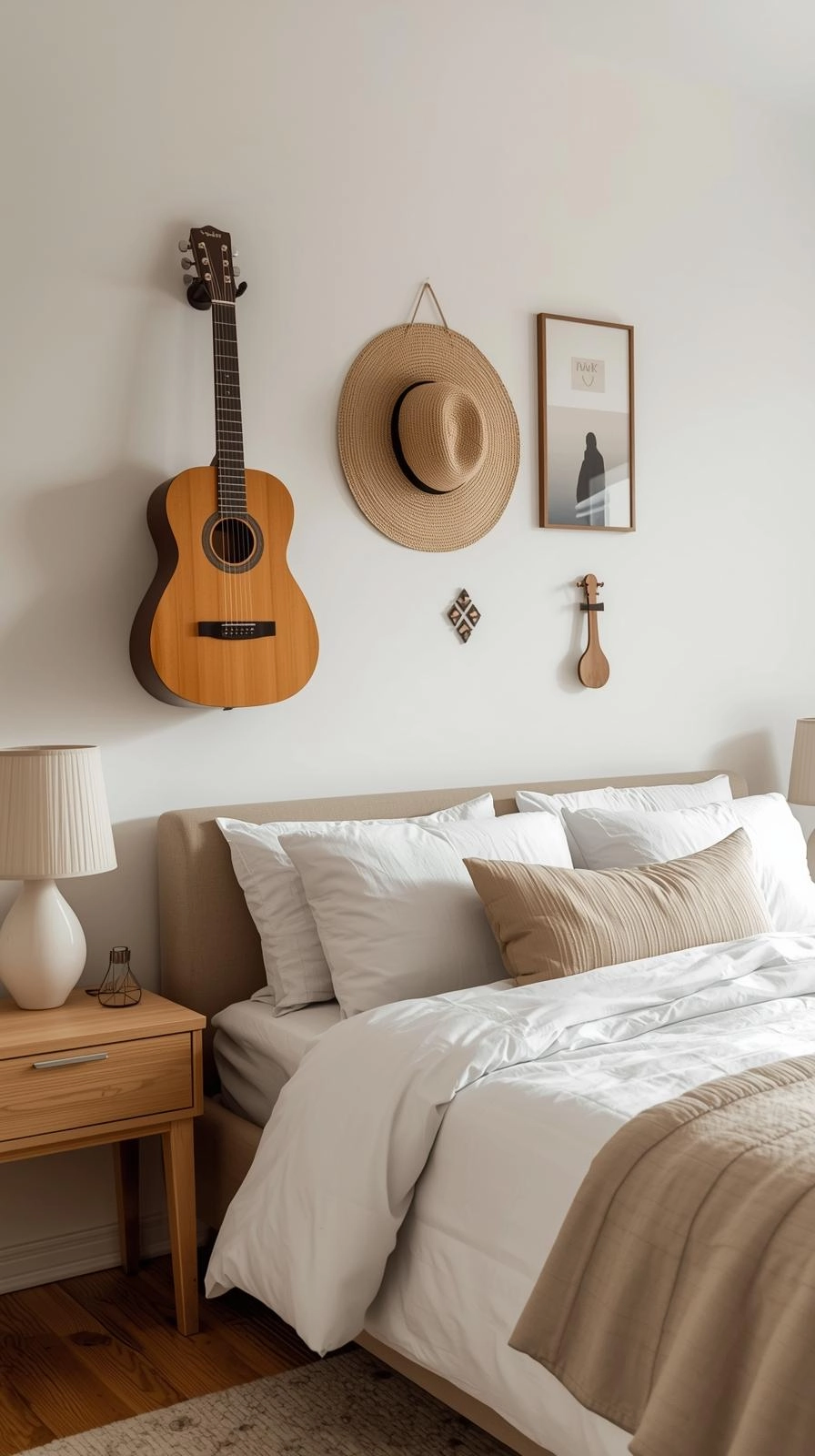 Bedroom wall with guitar and woven hat decor showing personal wall decor ideas for bedroom.