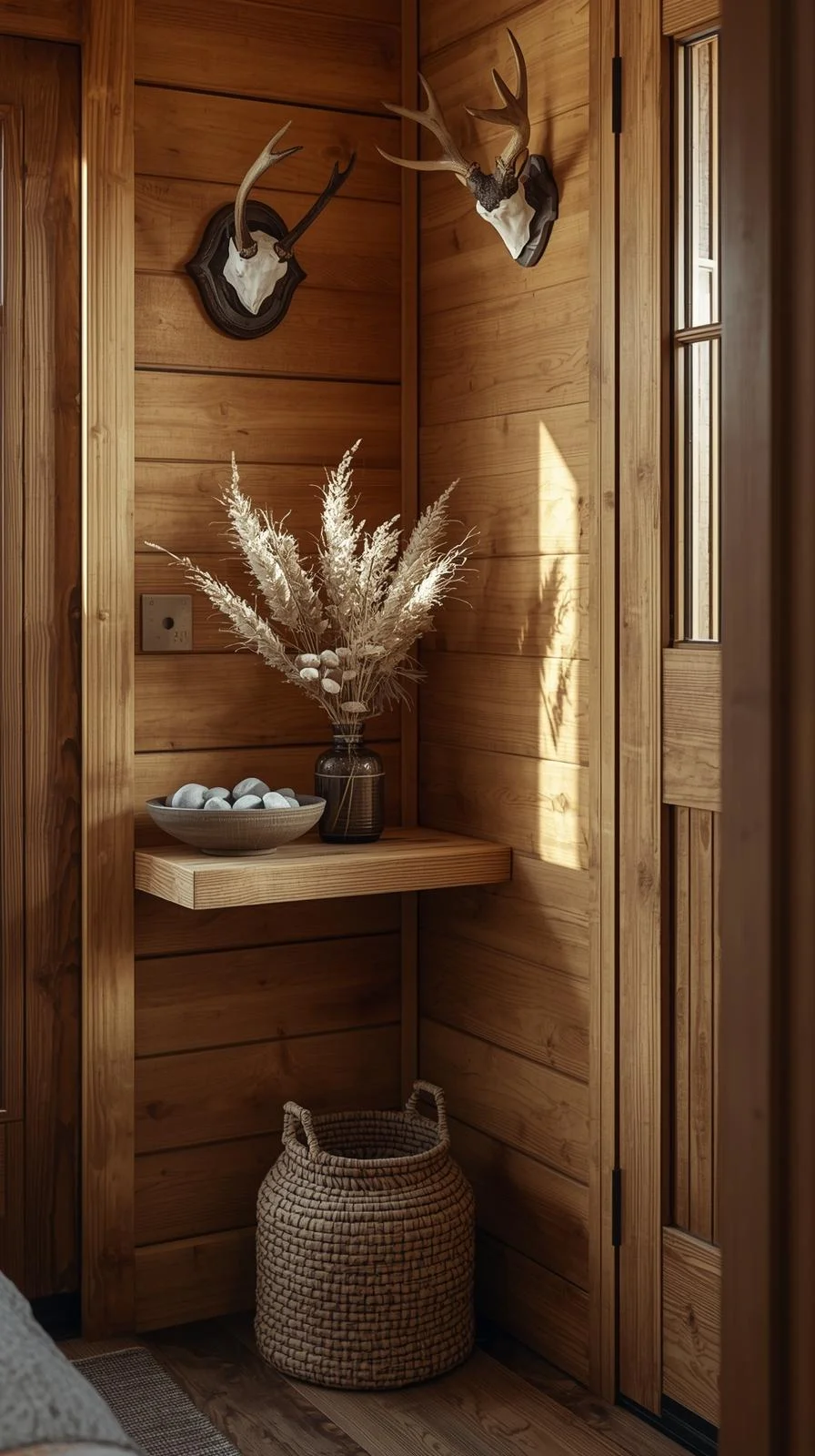 Tiny cabins interiors ideas featuring rustic decor with river rocks, dried flowers, antlers, and a woven basket.