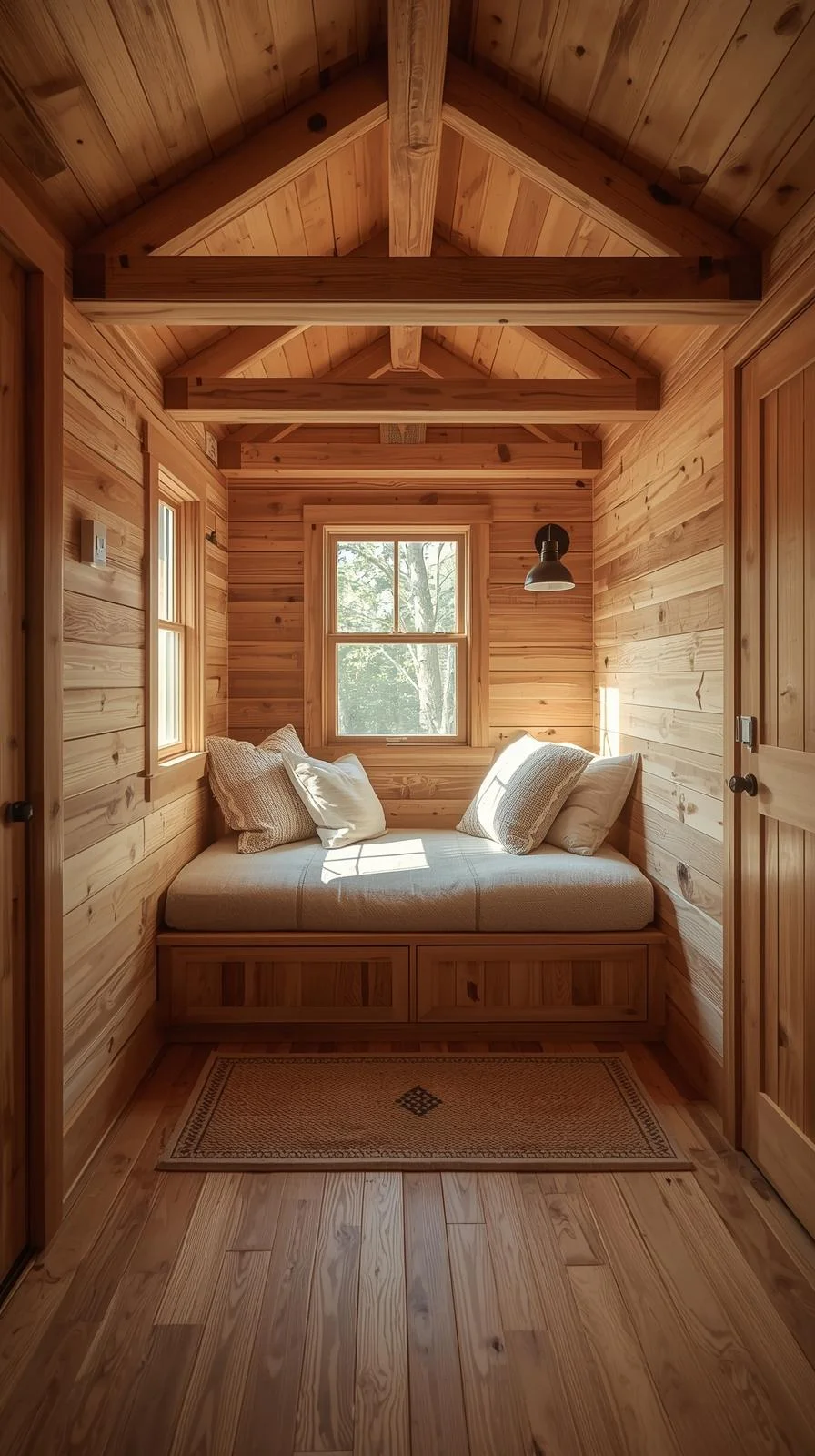 Rustic tiny cabins interiors ideas with natural wood beams, paneling, and reclaimed boards in a cozy cabin living space.