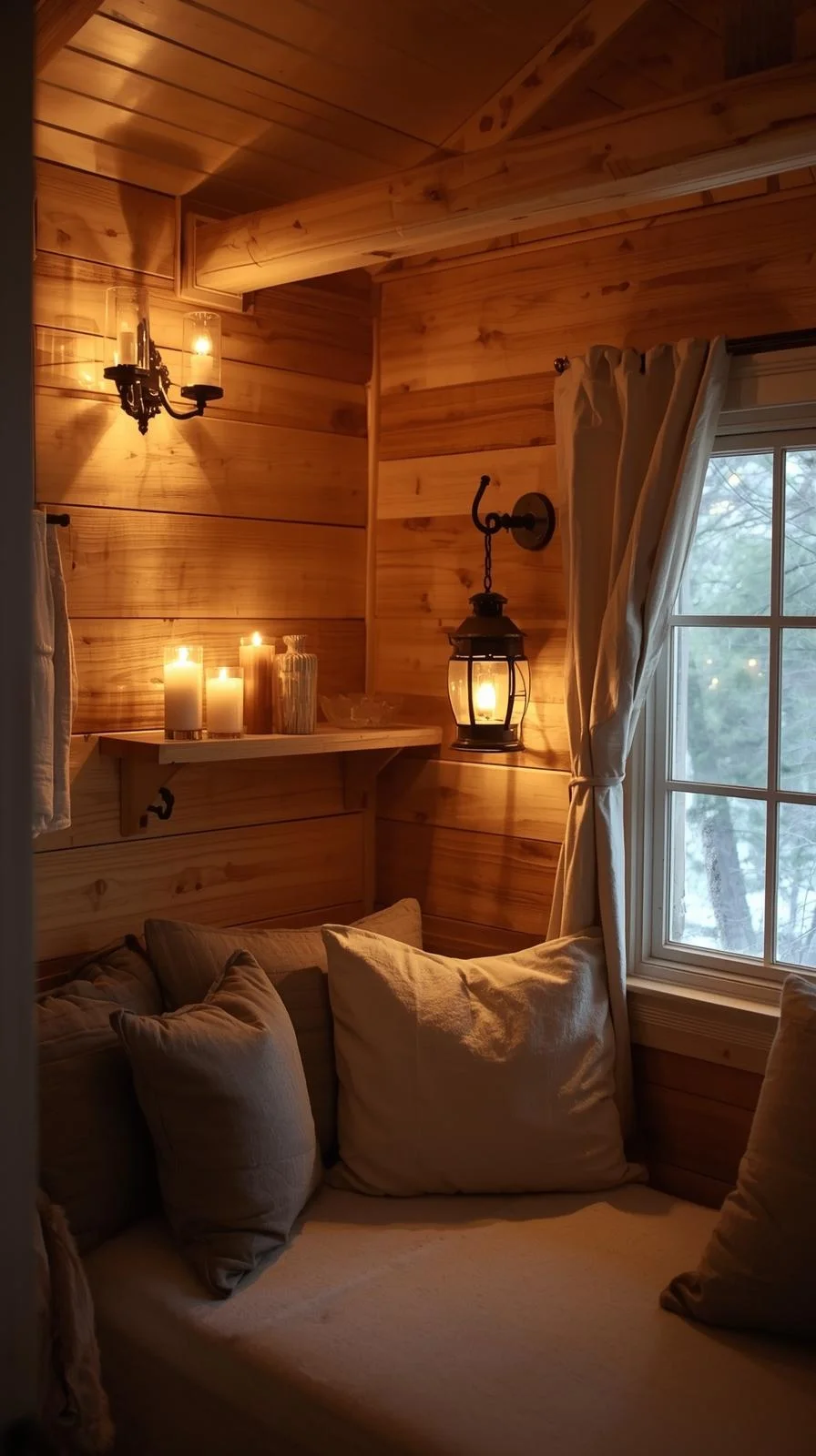 Tiny cabins interiors ideas with soft lighting from lamps, sconces, and candles in a rustic wooden living space.