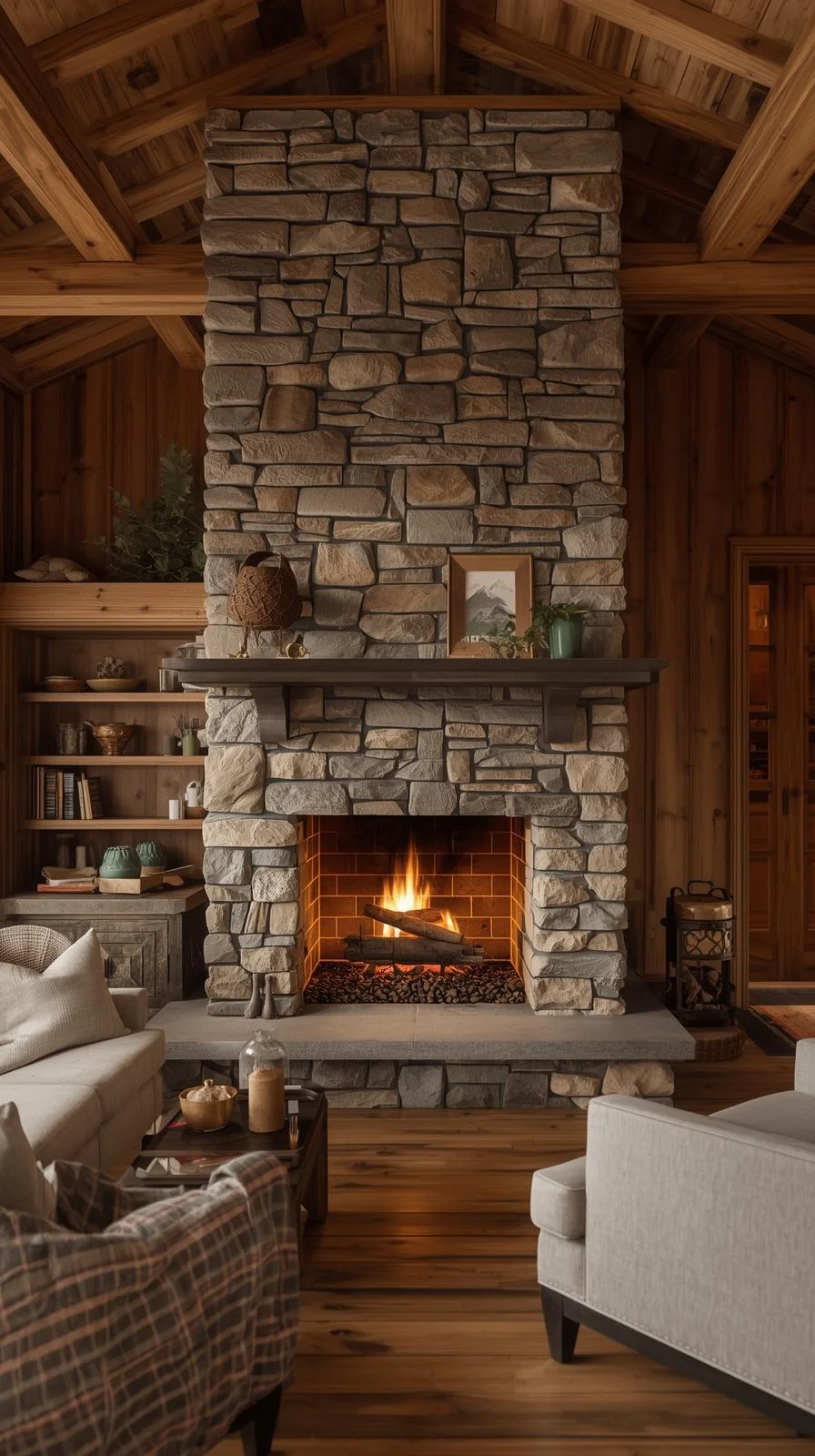 Tiny cabins interiors ideas with a rustic stone fireplace and natural wood walls in a cozy cabin living room.