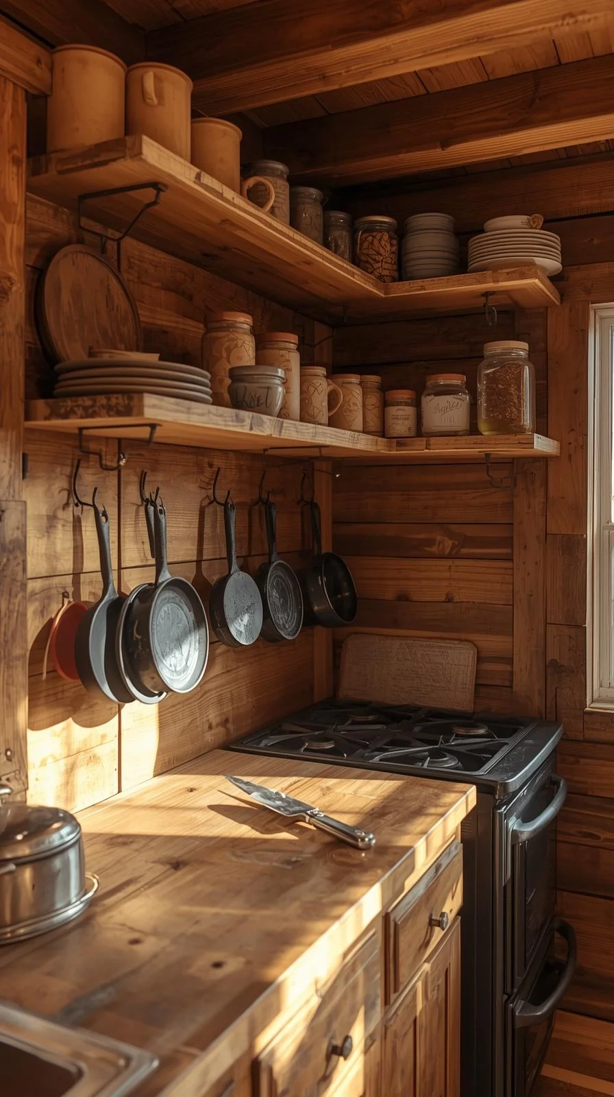 Tiny cabins interiors ideas with a rustic kitchen featuring open shelves, butcher block counters, and hanging cast iron pans.