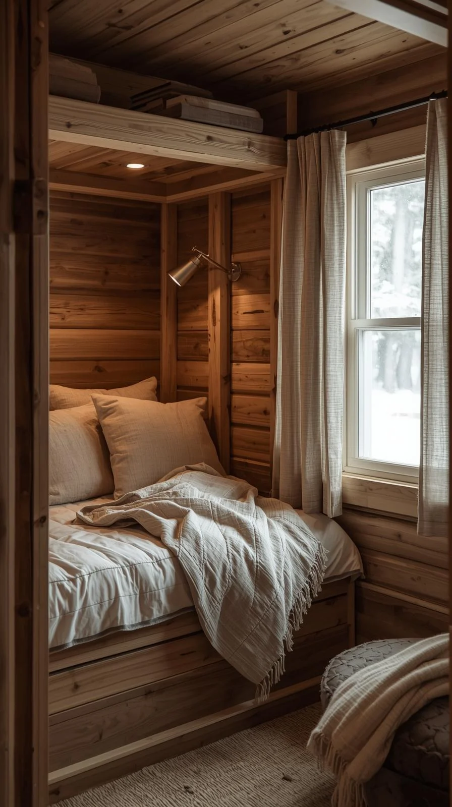Tiny cabins interiors ideas with a rustic sleeping nook built into a wooden corner, featuring simple bedding and soft lighting.