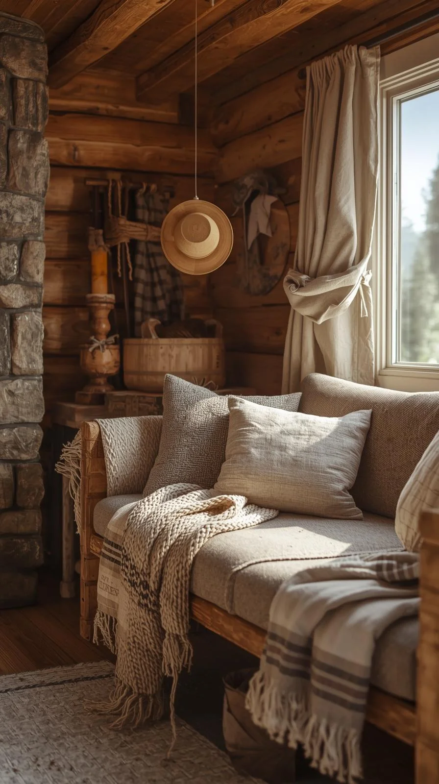 Tiny cabins interiors ideas with wool blankets, linen curtains, and cotton cushions adding warmth to a rustic wooden room.