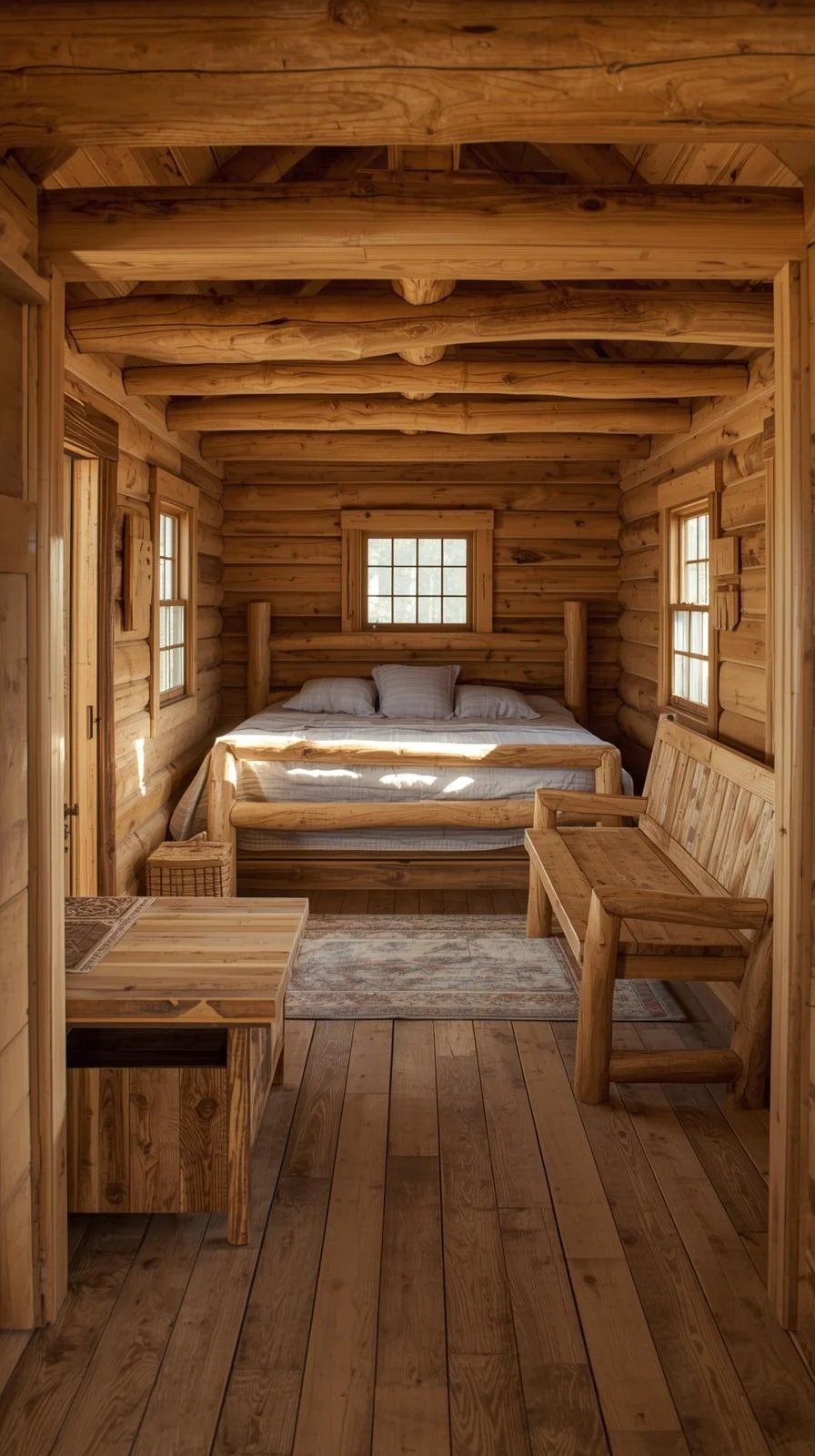 Tiny cabins interiors ideas featuring handmade wooden furniture, including a bench with storage and a log-frame bed.