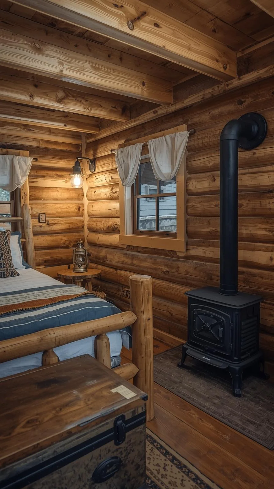 Tiny cabins interiors ideas combining rustic vintage decor with modern comforts like a wood stove and solar lighting.