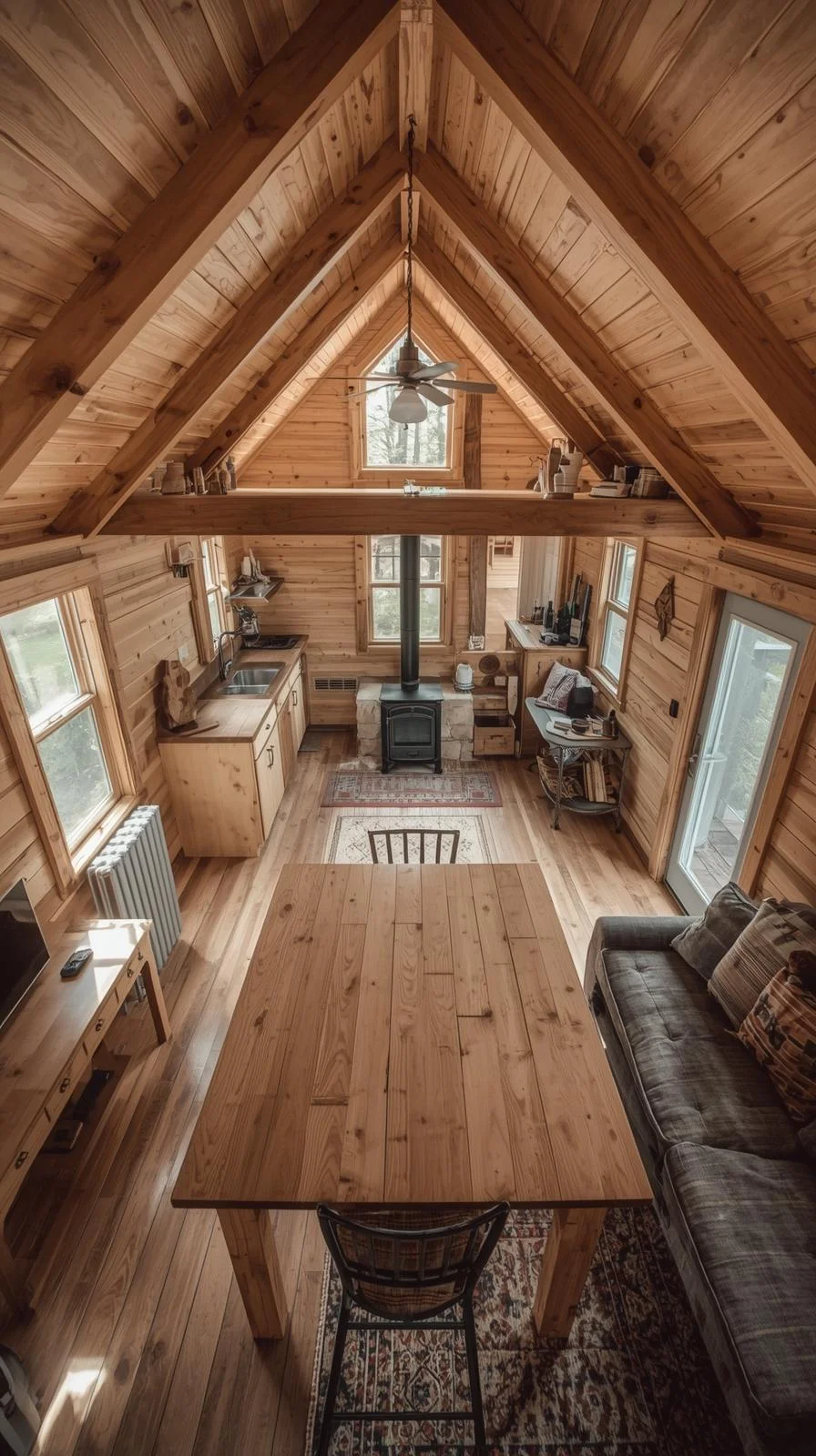 Tiny cabins interiors ideas with an open rustic layout combining kitchen, dining, and living space around a wood stove.