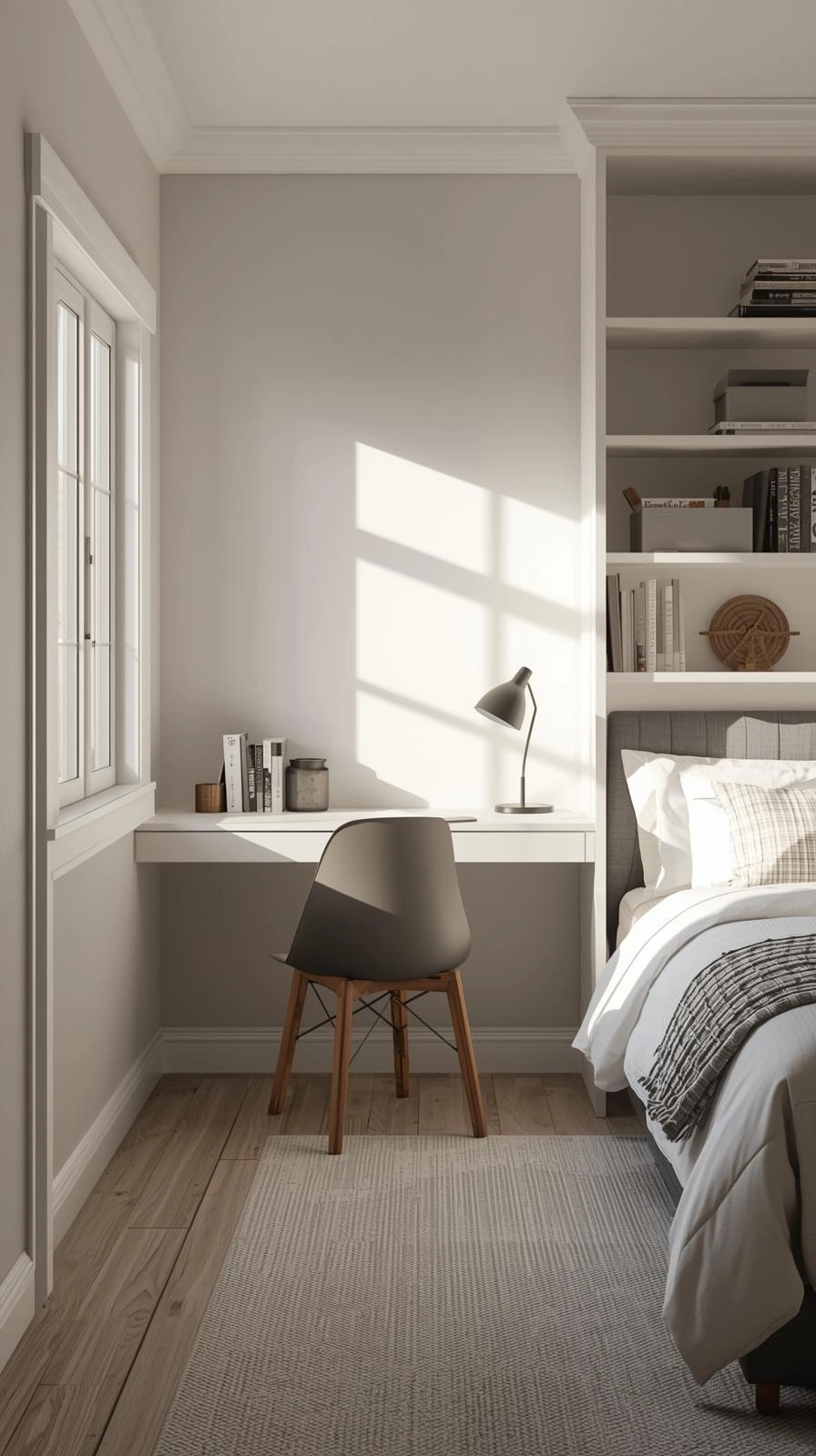 Teen bedroom design with a cozy study corner featuring a small desk, chair, lamp, and organized shelves.