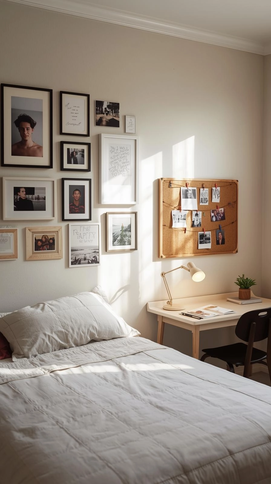 Teen bedroom design with wall decor including framed photos, posters, and a cork board for a cozy personal touch.