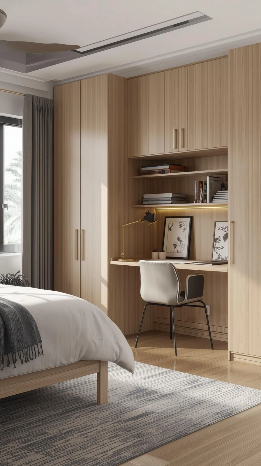 Teen bedroom design with space-saving furniture including a storage bed and compact desk with shelves.