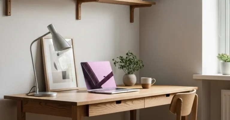 A Scandinavian home office with wood tones, including a wooden desk, shelves, and floorboards creating a warm, calm workspace.