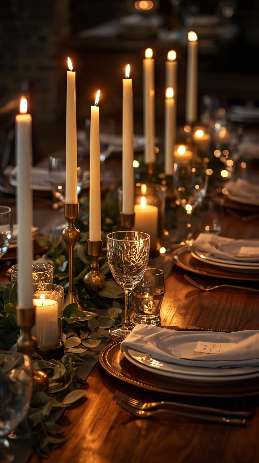 Fun natural table settings ideas with beeswax candles in brass and ceramic holders casting a warm golden glow on a rustic dining table.