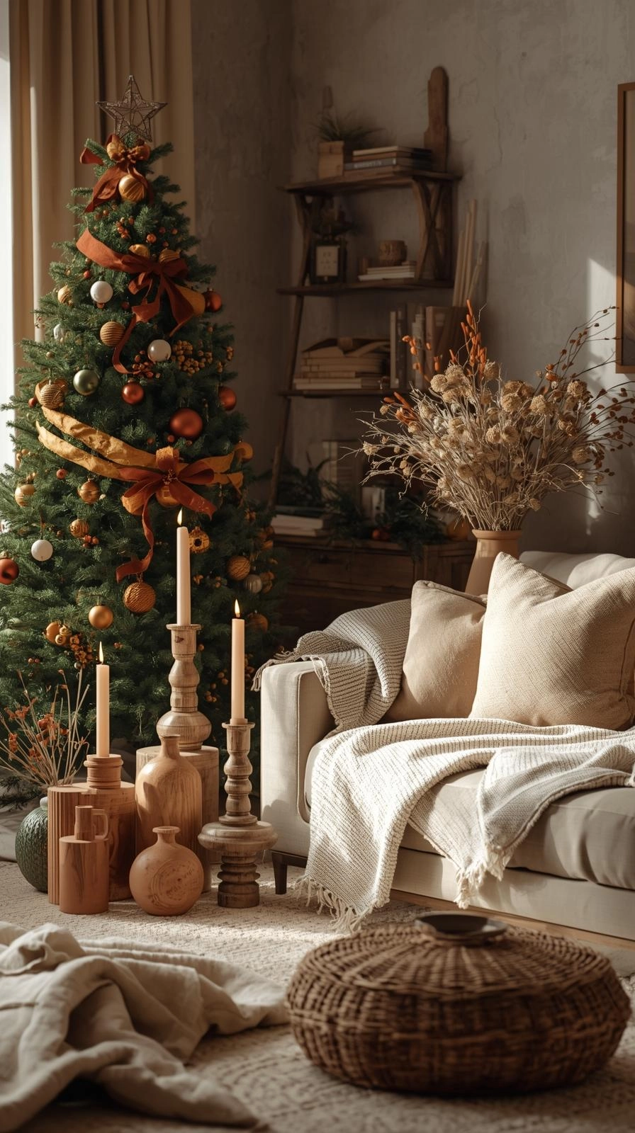 Boho Christmas decor with earthy accents, including terracotta ornaments, clay vases, and wooden candle holders for a natural holiday look.