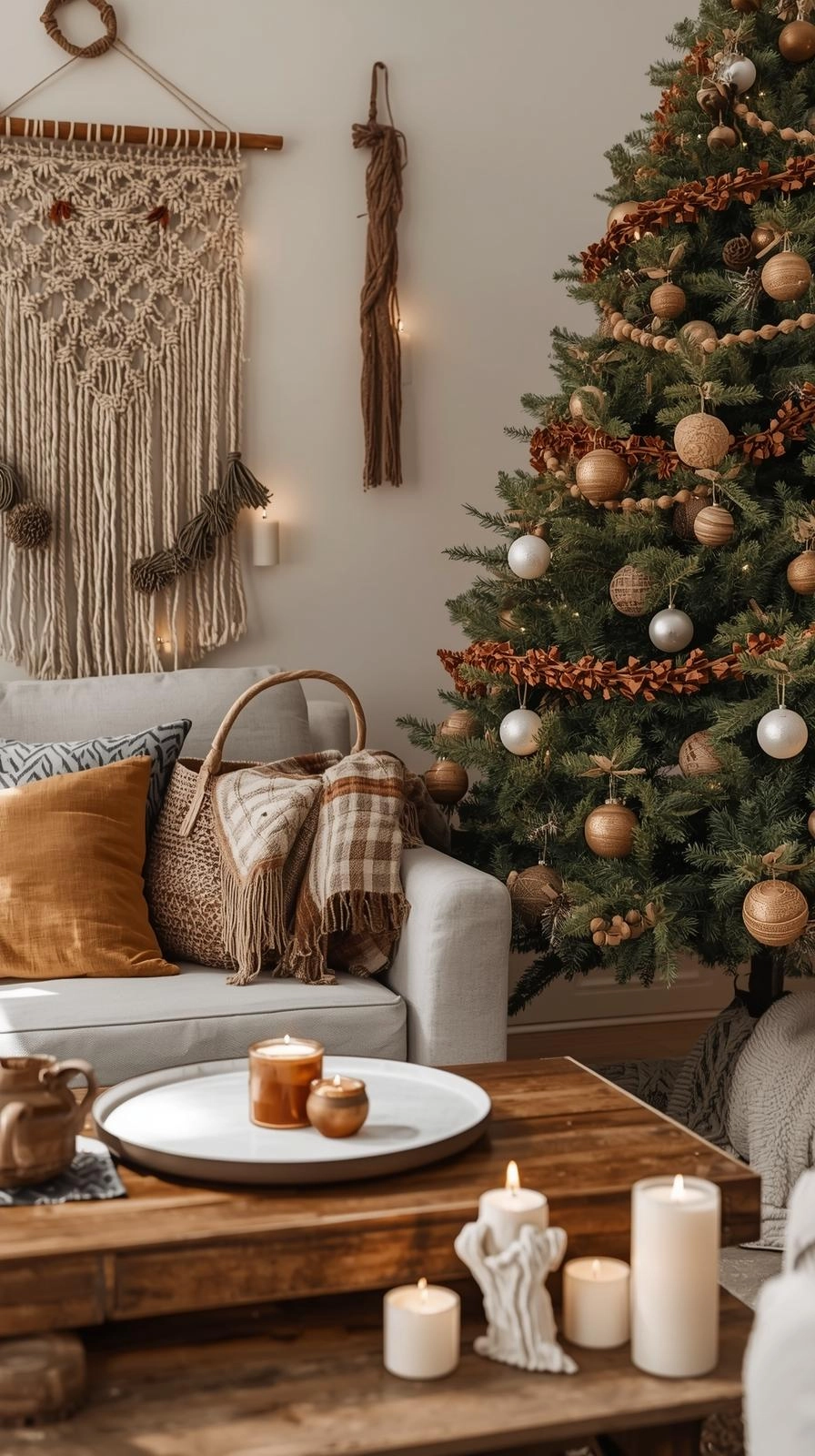 Boho Christmas decor featuring handmade ornaments, vintage baskets, and clay candle holders for a warm, personal holiday style.