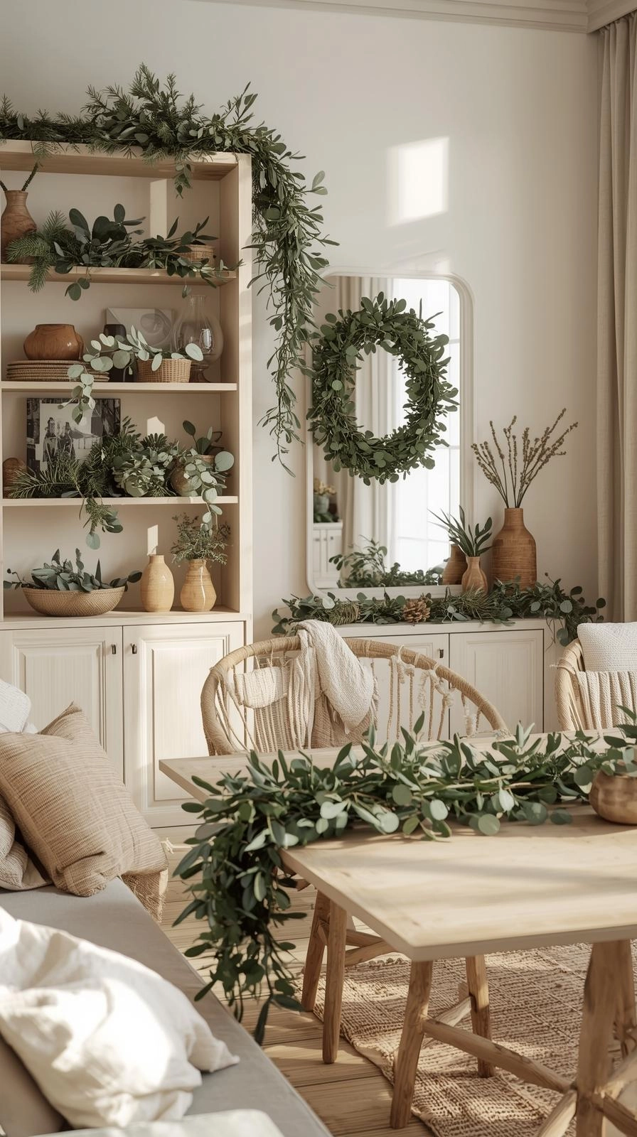Boho Christmas decor featuring pine, eucalyptus, and olive greenery styled naturally on shelves and a dining table for a cozy holiday look.
