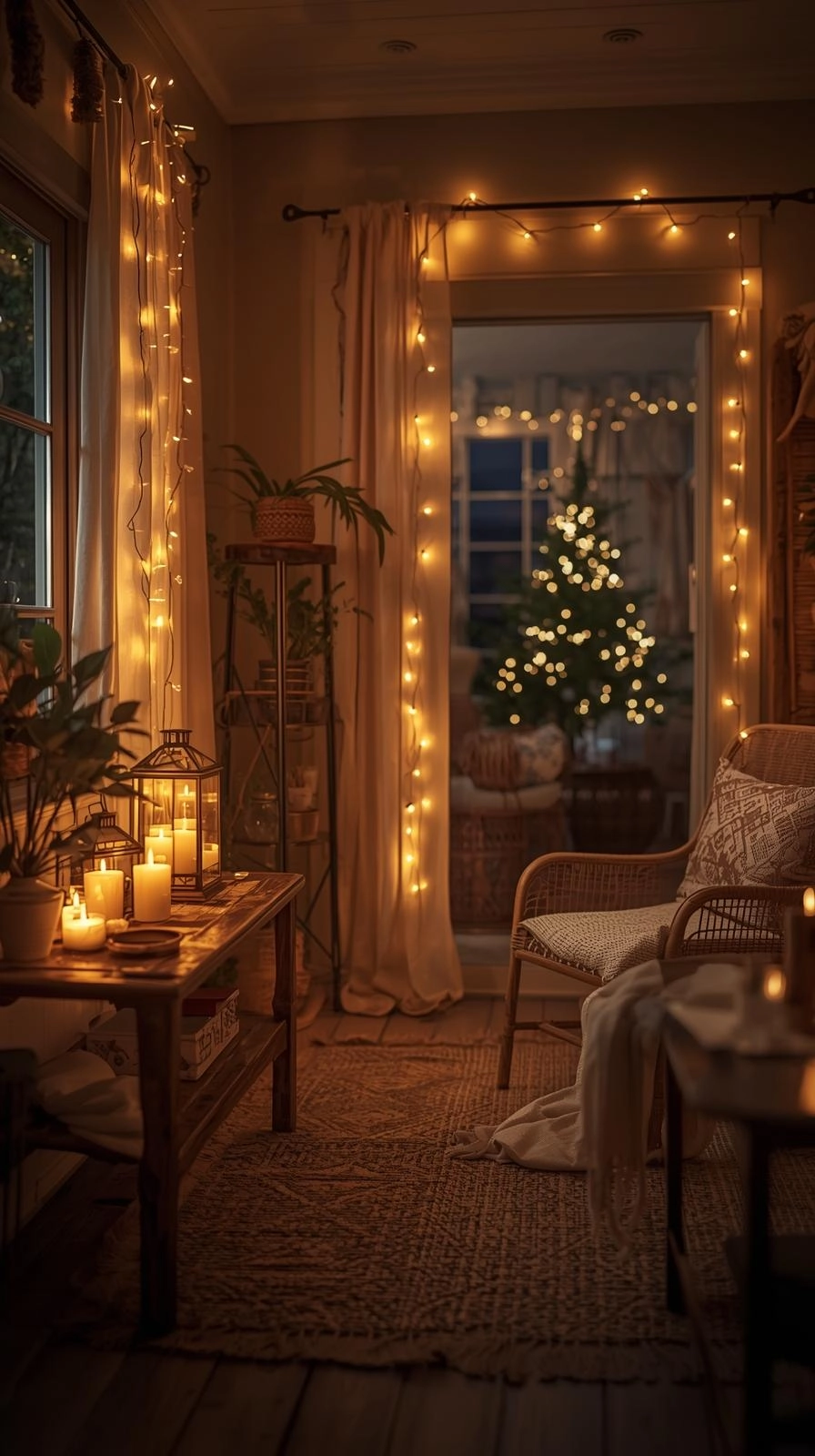 Boho Christmas decor glowing with warm fairy lights, candles, and lanterns for a cozy, golden holiday atmosphere.