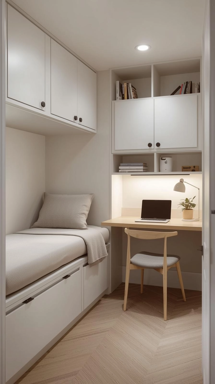 Small office with built-in daybed featuring drawers and overhead storage beside a compact desk.
