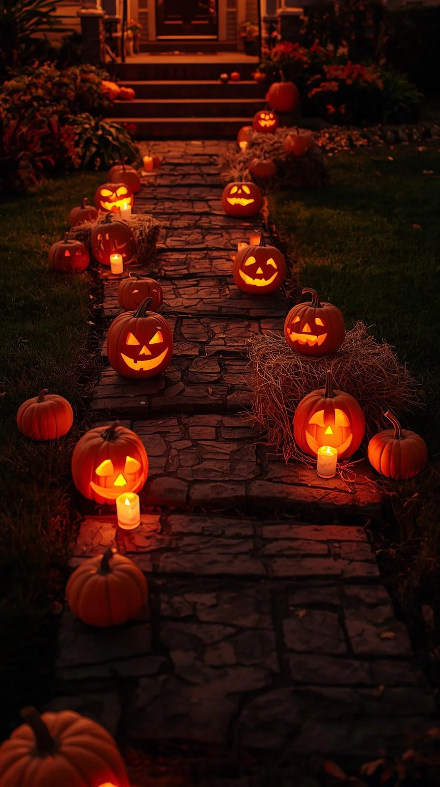 Halloween yard displays with glowing carved pumpkins and hay bales in a front yard at night.