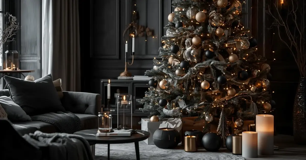 Black and gold Christmas living room decor with elegant ornaments, fairy lights, and cozy festive style.