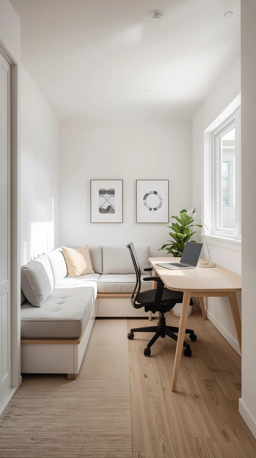 Small office with daybed in one corner and desk in the opposite corner for a balanced layout.