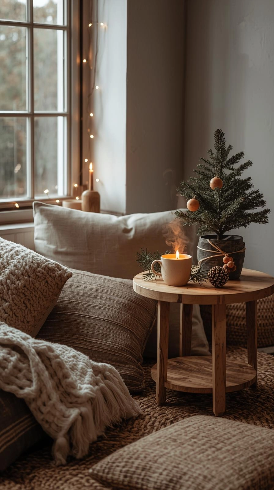 Cozy boho Christmas corner with floor cushions, soft throws, and a side table with candle and tea for a peaceful holiday space.