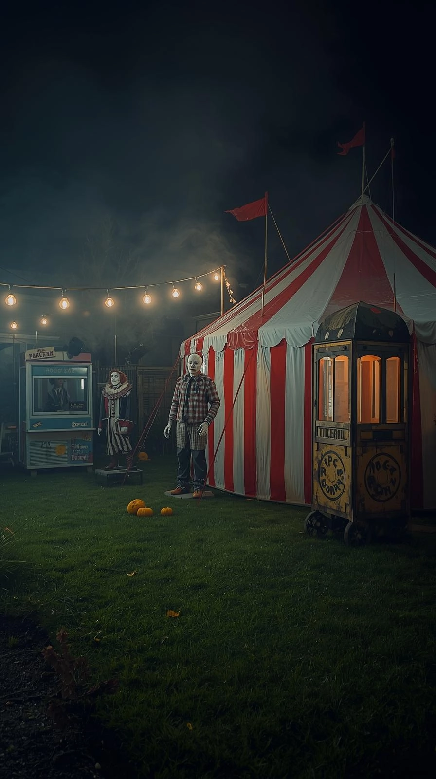 Realistic Halloween yard display featuring creepy clowns, circus tent, and carnival props under eerie nighttime lighting.