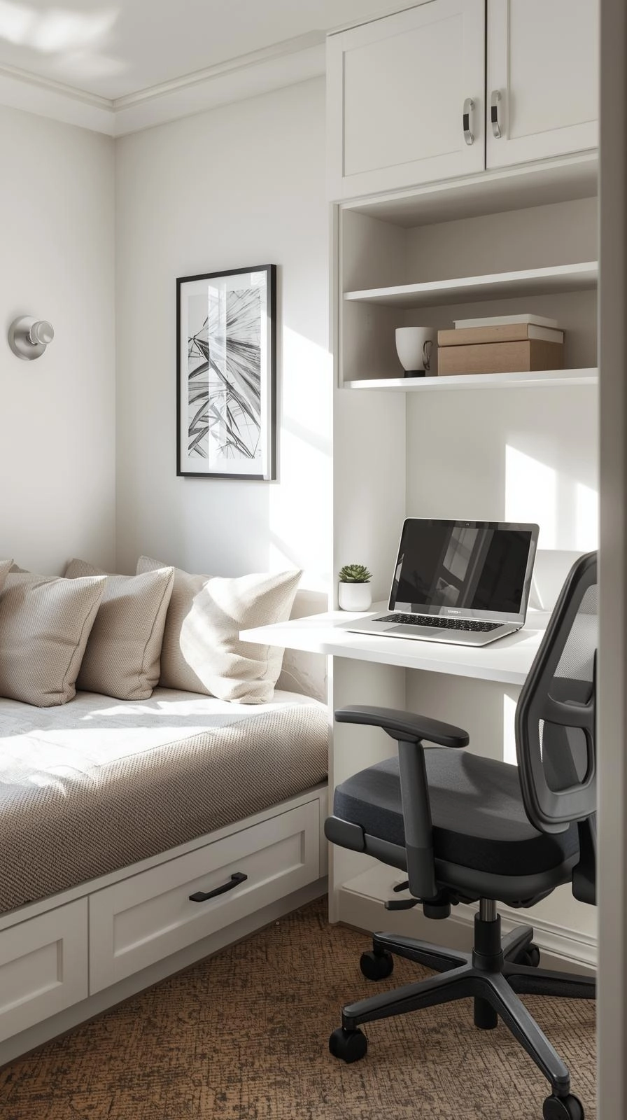 Small office with daybed and fold-out desk, showing a flexible layout for work and guest space.