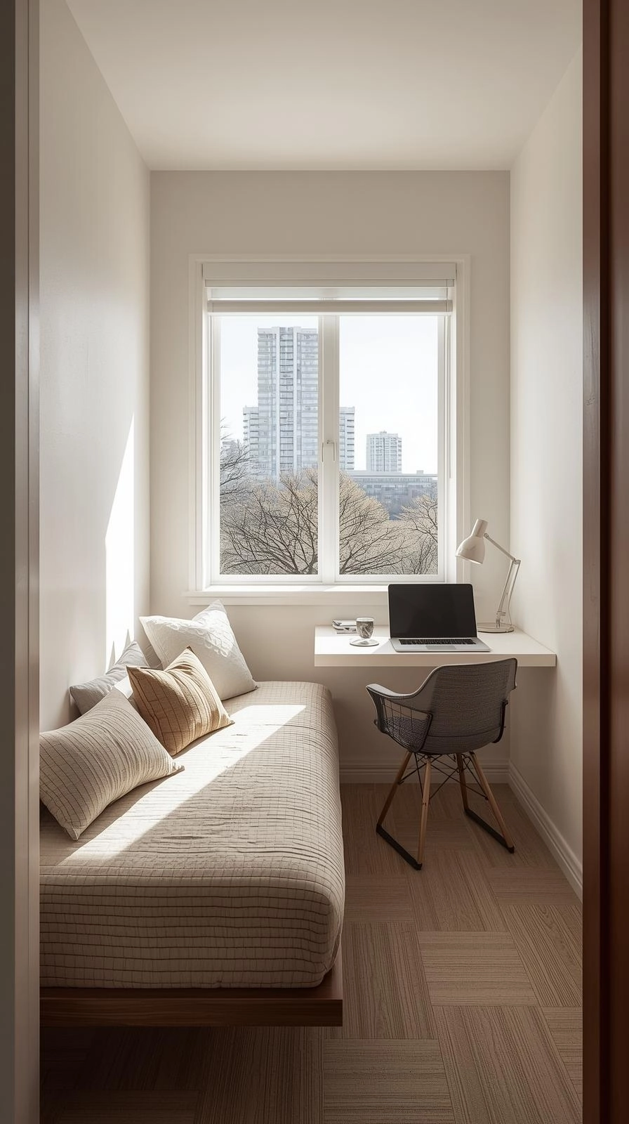 Small office with daybed under the window and a floating desk at a right angle forming a T-shaped layout.