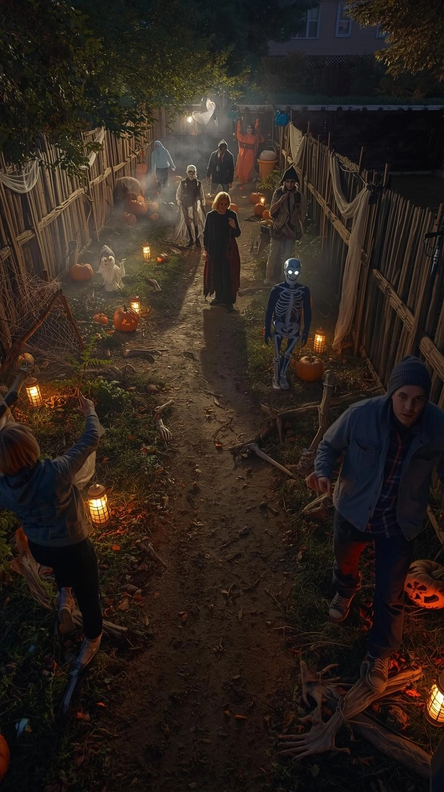 Realistic Halloween yard display with walk-through haunted maze, eerie props, fog, and glowing lantern lights.