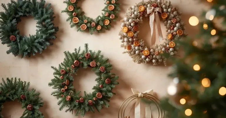 A cozy Christmas home with handmade holiday wreaths on display, featuring evergreen, dried orange, and ribbon styles for DIY inspiration.