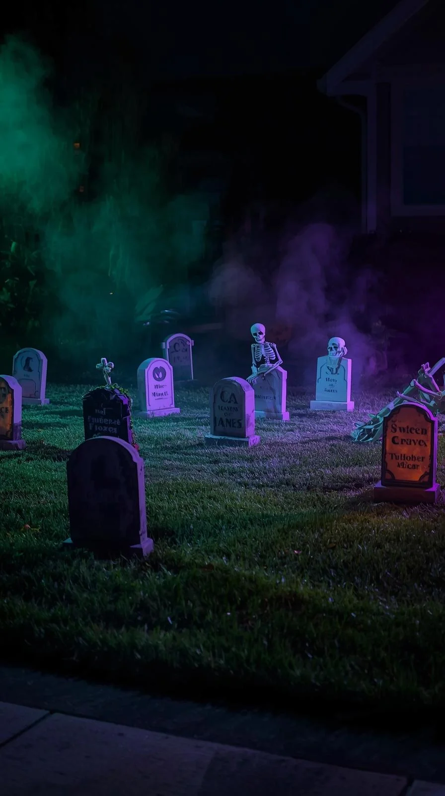 Halloween yard displays with tombstones, skeletons, fog, and eerie lighting creating a haunted graveyard scene.