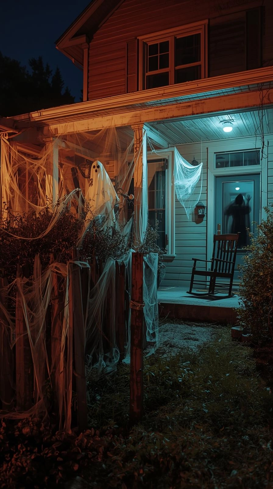Halloween yard displays with cobwebs, broken fences, and ghostly figures creating a haunted house front yard scene.